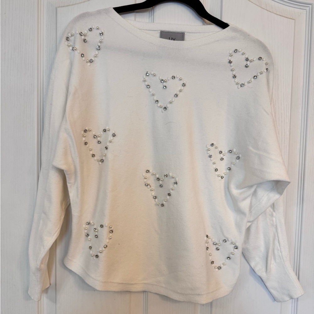 Liv Milano White Heart-Embellished Sweater Size Medium